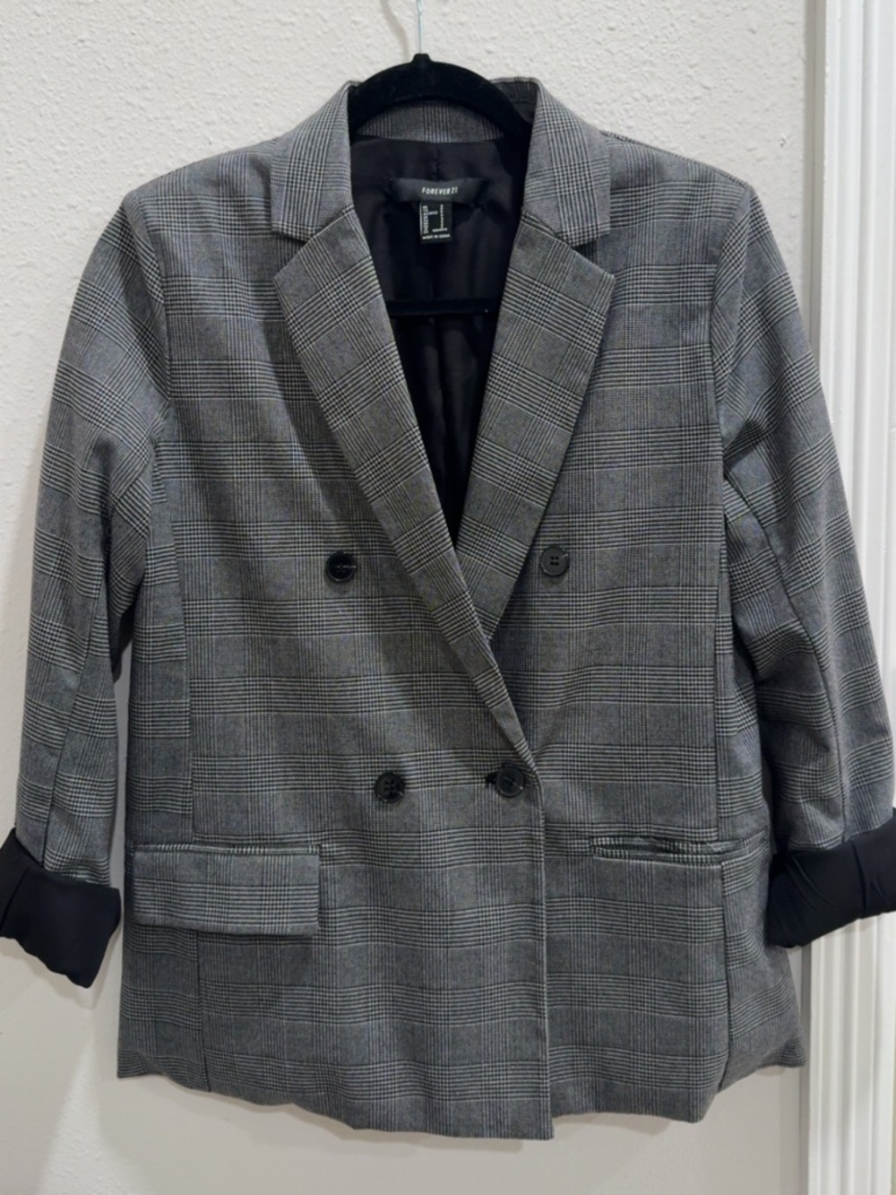 Forever 21 Black & Gray Glen Plaid Double-Breasted Blazer